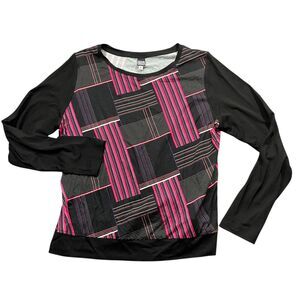 Anni Kuan Large Scoop Neck Black Geometric Print Long Sleeve‎ Top Rayon Blend